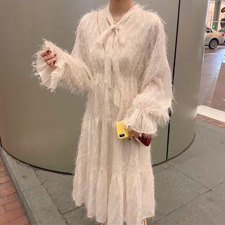Long-sleeve Mesh Midi Dress Almond - One Size