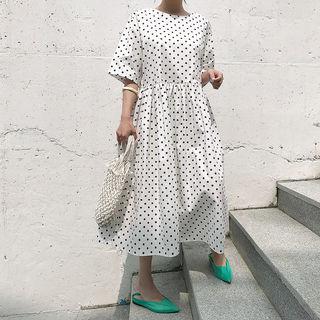 Gathered-waist Polka-dot Long Dress