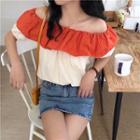 Two-tone Off-shoulder Puff-sleeve Blouse