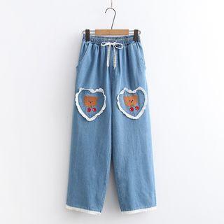 Bear Print Straight-leg Jeans Blue - One Size