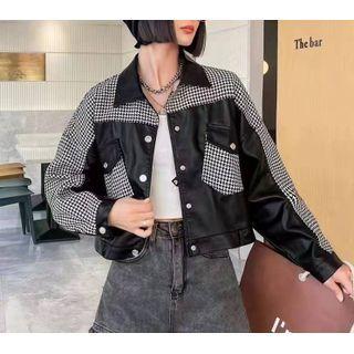 Houndstooth Panel Faux Leather Button-up Jacket