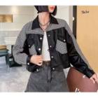 Houndstooth Panel Faux Leather Button-up Jacket