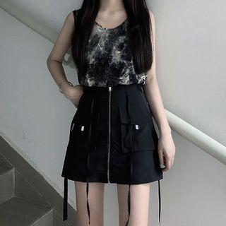Tie-dyed Tank Top / Front-zip Mini A-line Skirt