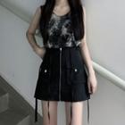 Tie-dyed Tank Top / Front-zip Mini A-line Skirt