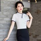 Short-sleeve Ribbon Blouse / Mini Pencil Skirt / Set