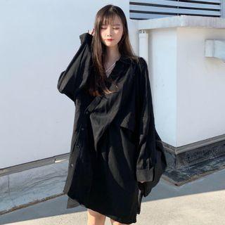 Plain Asymmetrical Shirtdress Black - One Size