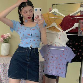 Short-sleeve Floral Print Button-up Knit Top
