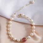 Faux Pearl Chain Bracelet Dark Red & White Faux Pearl - Gold - One Size