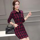 Long-sleeve Plaid Mini Sheath Shirt Dress