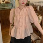 Puff Short-sleeve V-neck Ruched Panel Top Pink Top - One Size