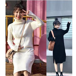 Turtle Neck Long-sleeve Rib-knit Sweater Midi Dress