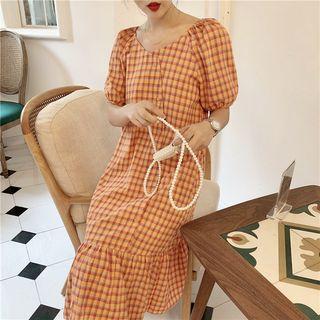 Puff-sleeve Plaid Dress Orange - One Size