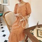 Puff-sleeve Plaid Dress Orange - One Size