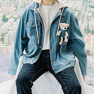 Mock Two-piece Hooded Bear Accent Denim Jacket