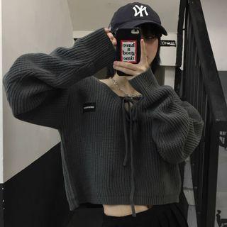 Long-sleeve Applique Drawstring Cropped Cardigan