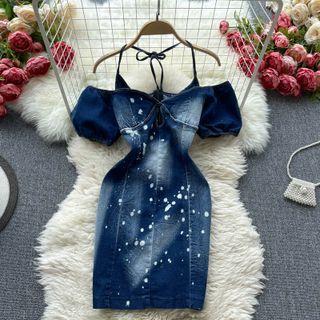 Off-shoulder Asymmetrical Halter Denim Dress