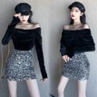Off-shoulder Shirred Velvet Top / Sequined Mini A-line Skirt