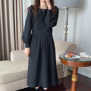 Puff Sleeve Shirred Plain Dress