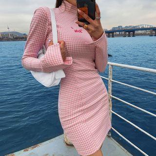 Mock-neck Slit-cuff Houndstooth Bodycon Dress