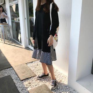 Long-sleeve Plaid-panel Pullover Dress