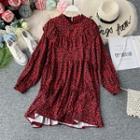 Long-sleeve Floral Dress Wine Red - One Size