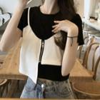 Mock-two-piece Short-sleeve Plain Panel Camisole Top