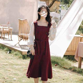 Balloon-sleeve Double-breasted A-line Dress