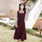 Balloon-sleeve Double-breasted A-line Dress
