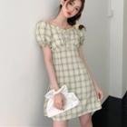 Balloon-sleeve Ruffled Plaid A-line Dress