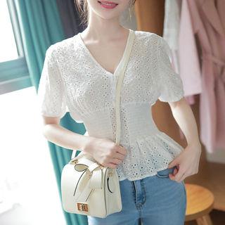 Smocked-waist Eyelet-lace Peplum Top Ivory - One Size