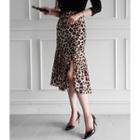 Slit-side Leopard Midi Skirt Brown - One Size