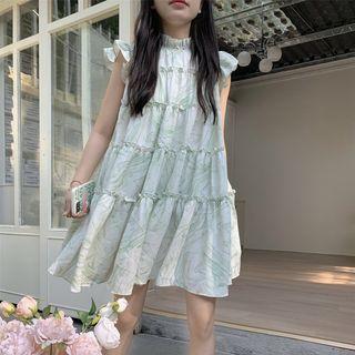 Cap-sleeve Print A-line Dress Light Green - One Size
