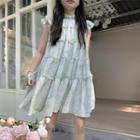 Cap-sleeve Print A-line Dress Light Green - One Size