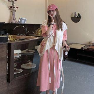 Elbow-sleeve Midi T-shirt Dress / Tie-front Vest