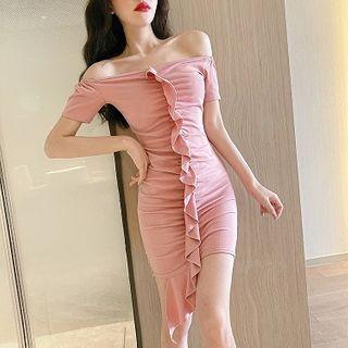 Ruffle Trim Cold Shoulder Short-sleeve Sheath Dress