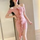Ruffle Trim Cold Shoulder Short-sleeve Sheath Dress