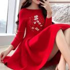 Long-sleeve Floral Knit A-line Mini Dress