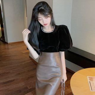 Puff-sleeve Velvet Blouse / Faux Leather Midi Pencil Skirt