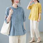 Short-sleeve Floral Embroidered Denim Blouse / Harem Pants / Set