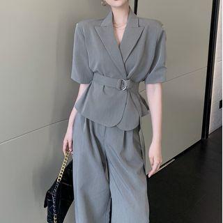 Plain Short-sleeve Blazer / High-waist Wide-leg Pants