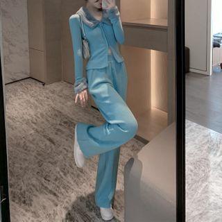 Furry Trim Zip Cardigan / Wide-leg Pants