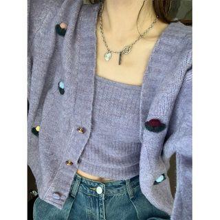 Set: Knit Camisole Top + Cardigan Set - Purple - One Size
