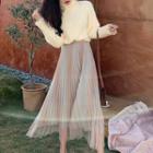 Turtleneck Cable Knit Sweater / Pleated A-line Midi Skirt