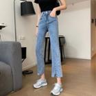 Mid Rise Washed Crop Straight Leg Jeans