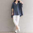 Elbow-sleeve Linen Top As Shown In Figure - One Size