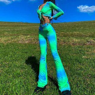 Set: Long-sleeve Tie-dyed Crop T-shirt + Pants