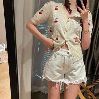 Short-sleeve Cherry Embroidered Cardigan Beige - One Size