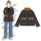 Fleece Collar Plaid Button Knit Jacket Dark Gray - One Size