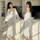 Spaghetti-strap Leaf Print Sundress / Long Sleeve Cover-up