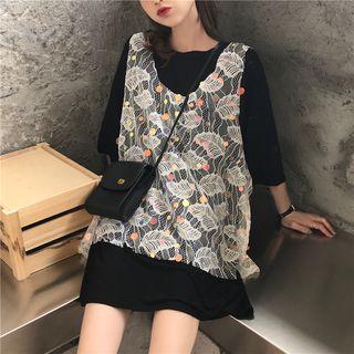 Set: Oversize T-shirt + Sequined Mesh Tank Top Set - As Shown In Figure - One Size